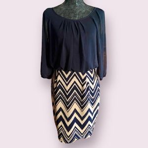 Enfocus Studio Navy & Tan Zig Zag Pattern Pencil Skirt Dress w/ Sheer Top